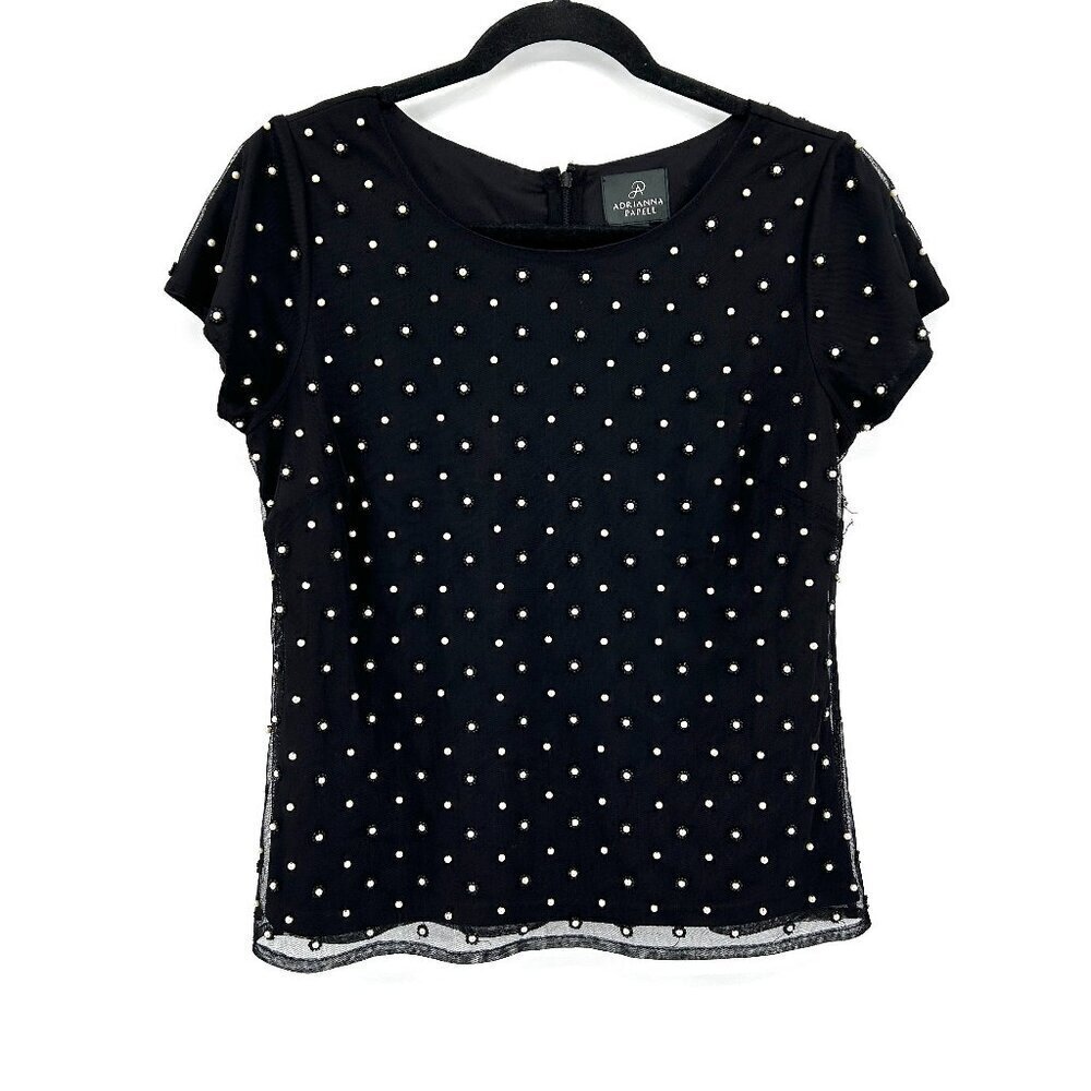 ADRIANNA PAPELL Black White Pearl Beaded Short Sleeve Blouse Top Size 8